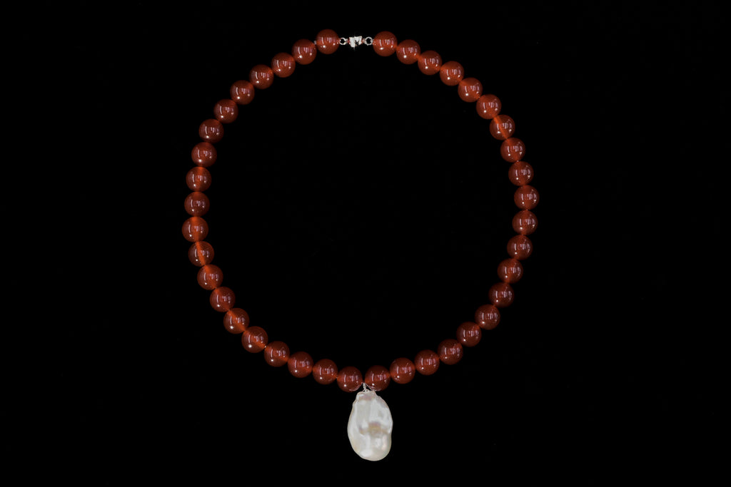 Crimson Carnelian & Baroque Pearl Sterling Silver Necklace
