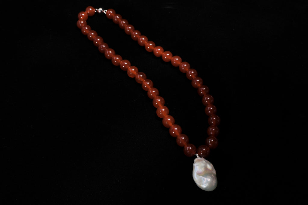Crimson Carnelian & Baroque Pearl Sterling Silver Necklace