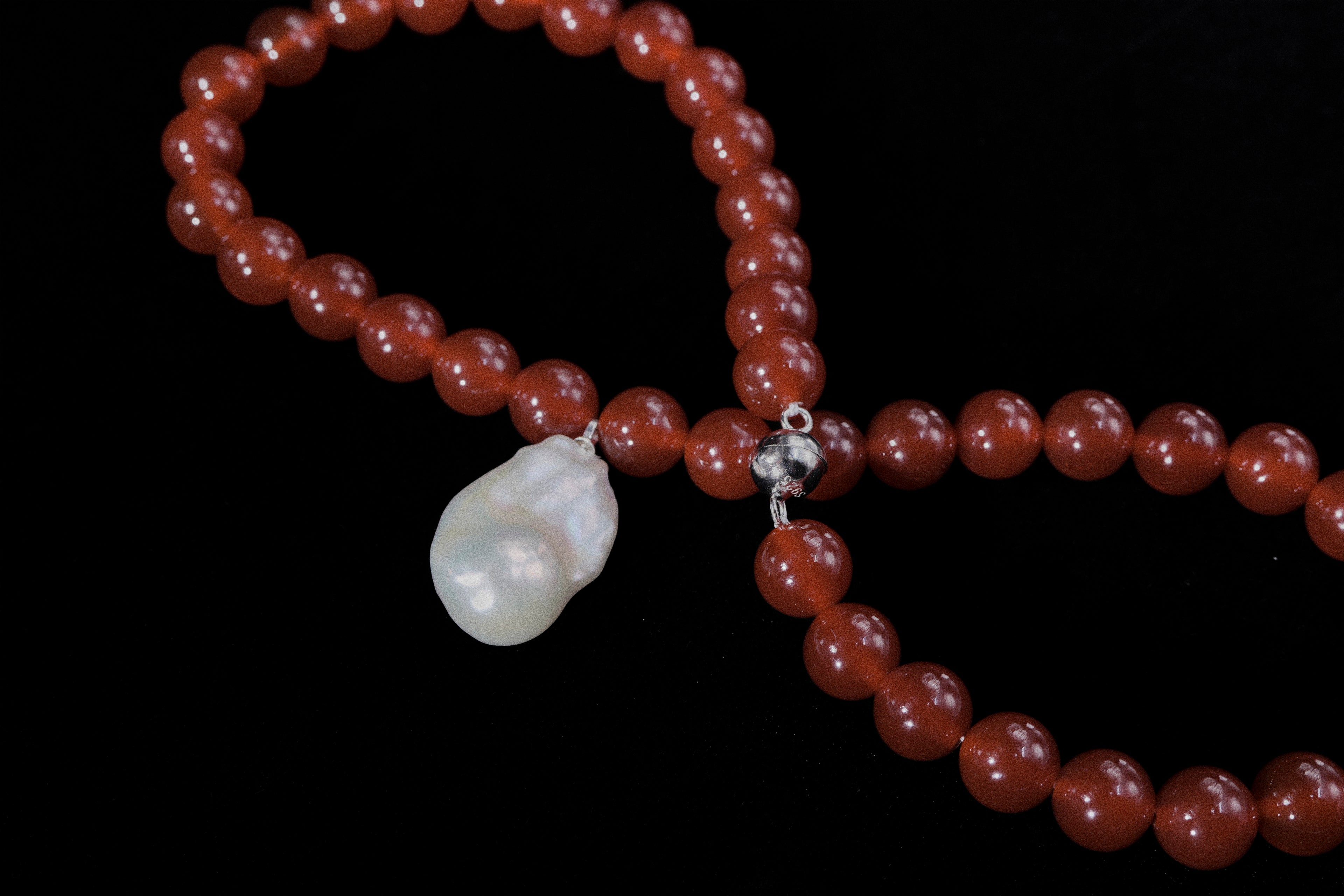 Crimson Carnelian & Baroque Pearl Sterling Silver Necklace