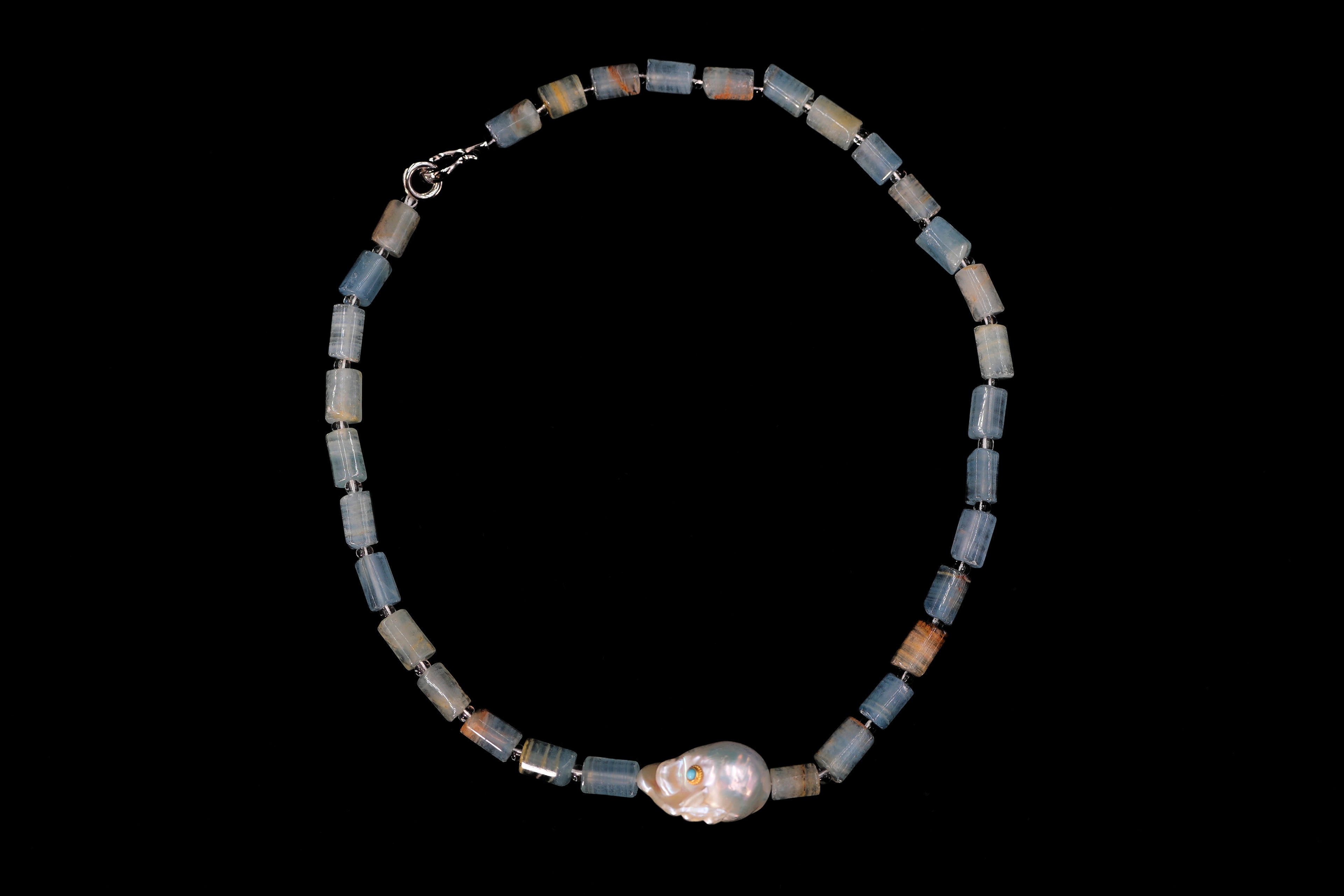 Blue Turquoise with Baroque Pearl Necklace, Sterling Silver Clasp