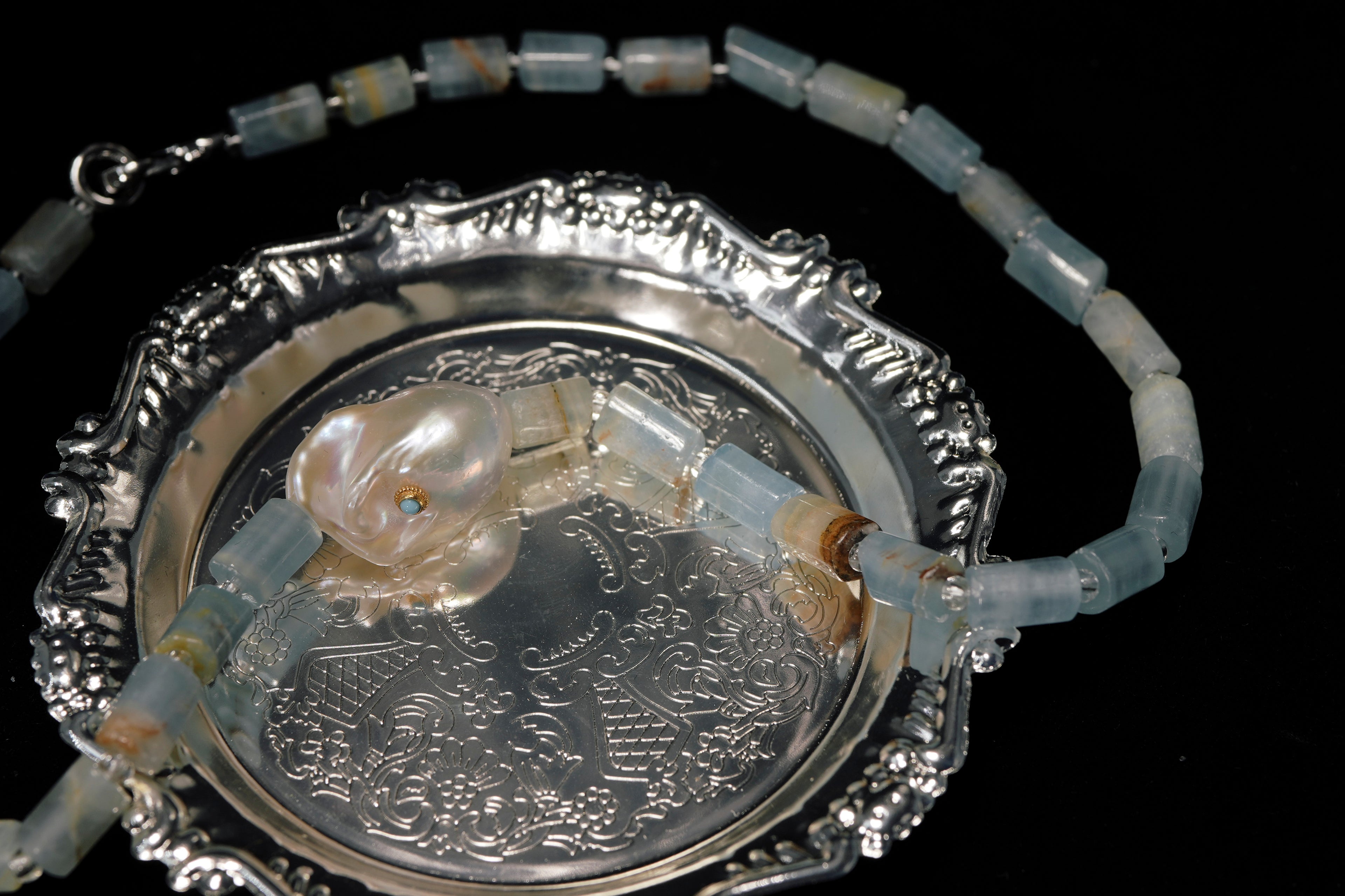 Blue Turquoise with Baroque Pearl Necklace, Sterling Silver Clasp