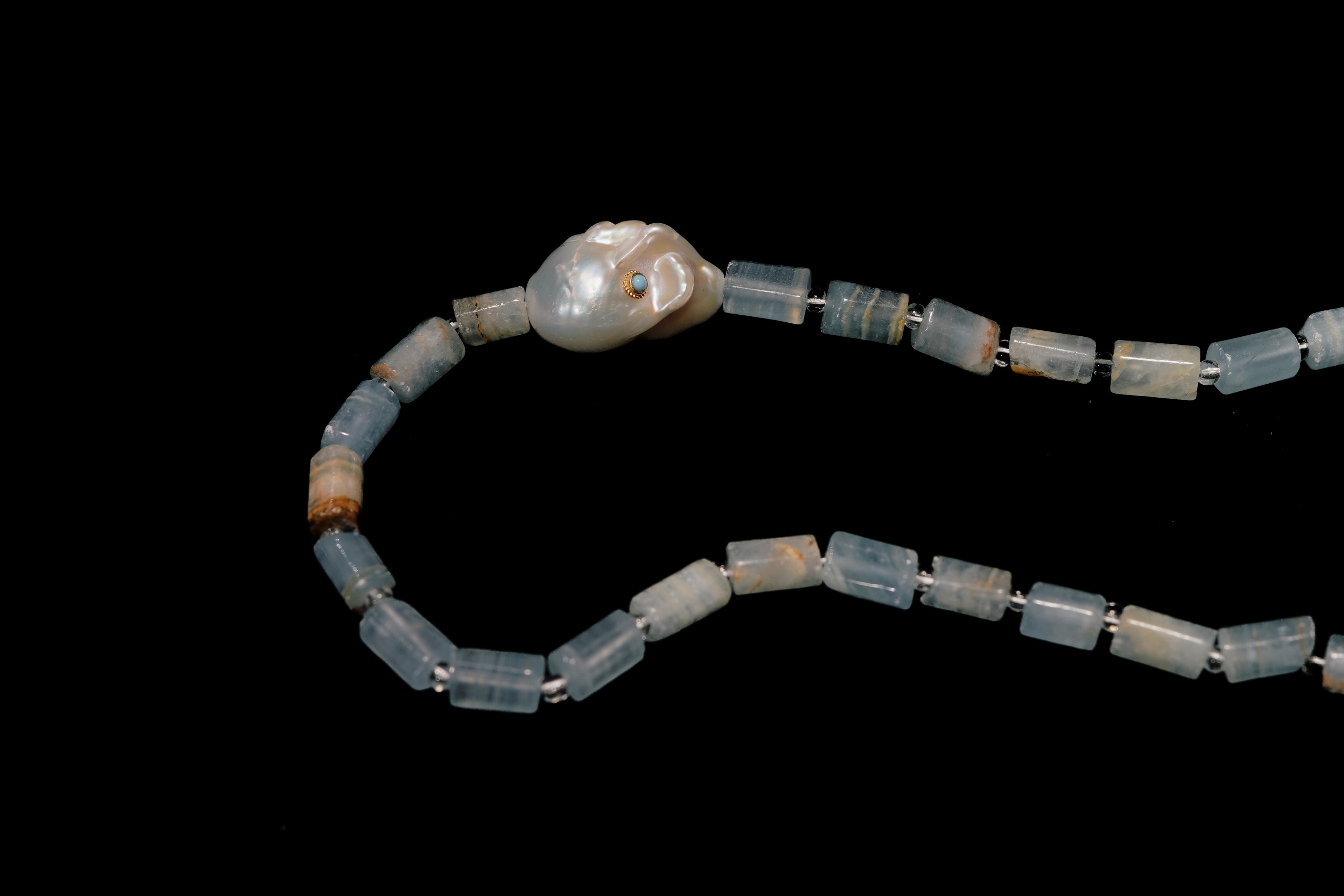 Blue Turquoise with Baroque Pearl Necklace, Sterling Silver Clasp